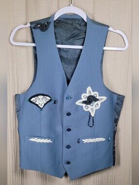 Vintage Women’s Blue Embellished Vest with Decorative Appliqués 80s